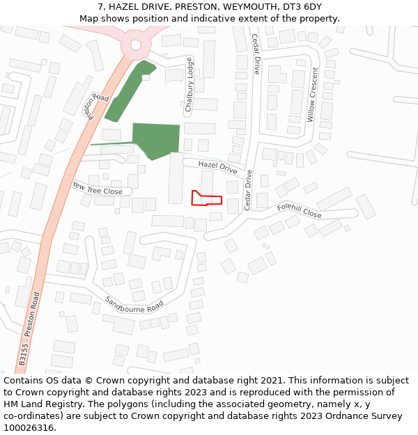 7, HAZEL DRIVE, PRESTON, WEYMOUTH, DT3 6DY: Location map and indicative extent of plot