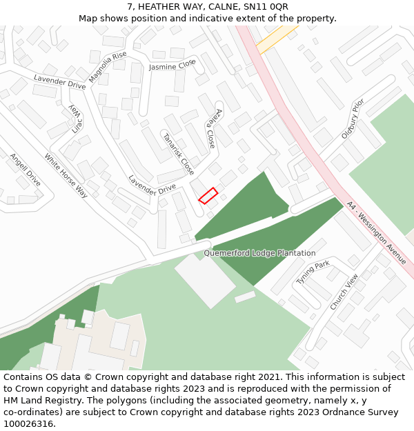 7, HEATHER WAY, CALNE, SN11 0QR: Location map and indicative extent of plot