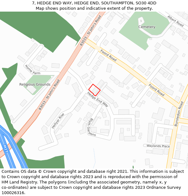 7, HEDGE END WAY, HEDGE END, SOUTHAMPTON, SO30 4DD: Location map and indicative extent of plot