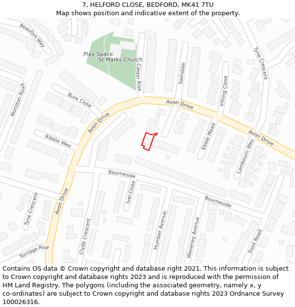 7, HELFORD CLOSE, BEDFORD, MK41 7TU: Location map and indicative extent of plot