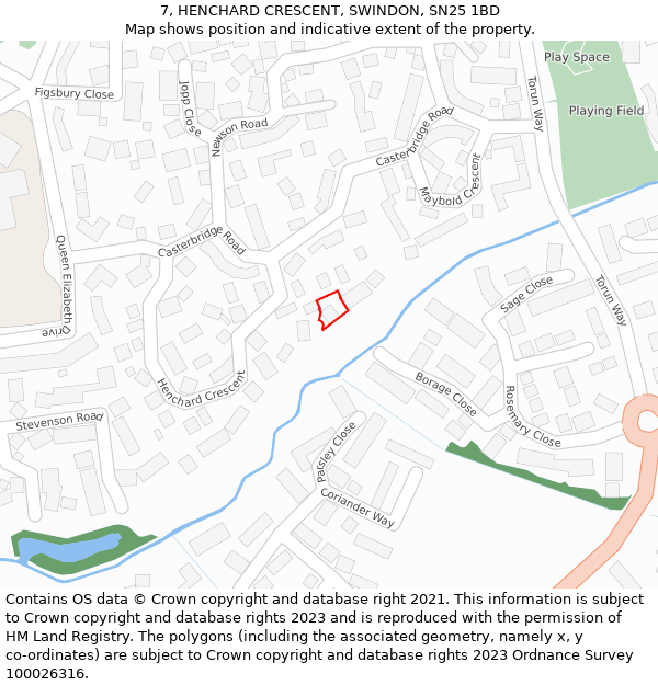 7, HENCHARD CRESCENT, SWINDON, SN25 1BD: Location map and indicative extent of plot