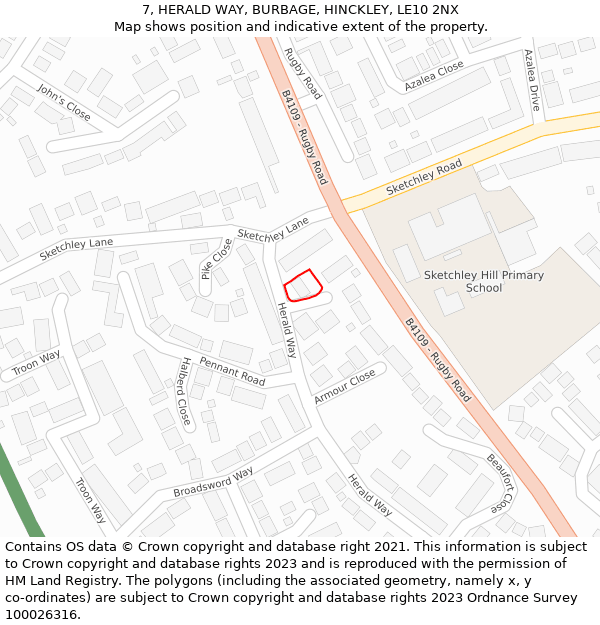 7, HERALD WAY, BURBAGE, HINCKLEY, LE10 2NX: Location map and indicative extent of plot