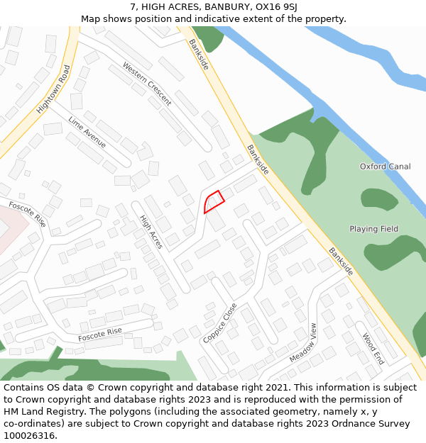 7, HIGH ACRES, BANBURY, OX16 9SJ: Location map and indicative extent of plot