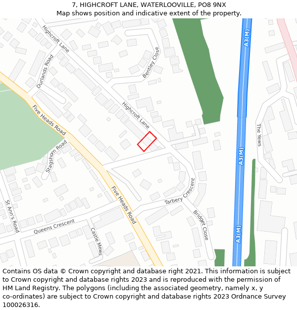 7, HIGHCROFT LANE, WATERLOOVILLE, PO8 9NX: Location map and indicative extent of plot