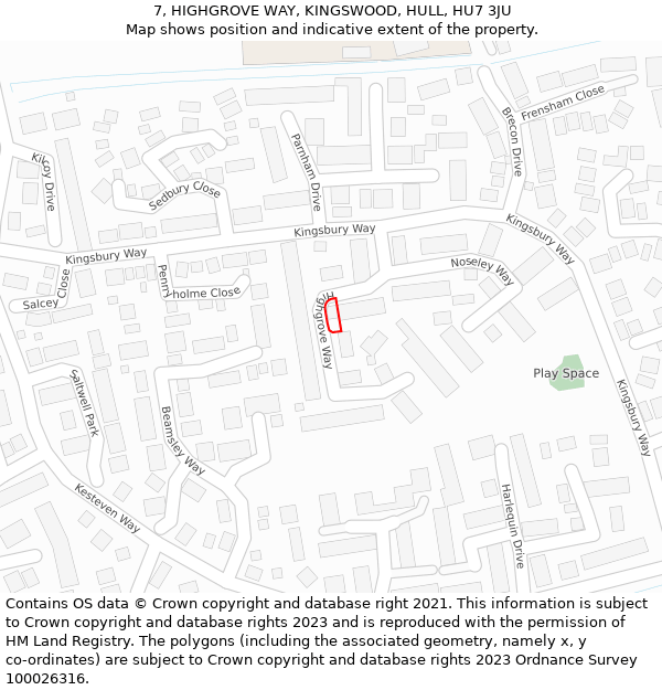 7, HIGHGROVE WAY, KINGSWOOD, HULL, HU7 3JU: Location map and indicative extent of plot