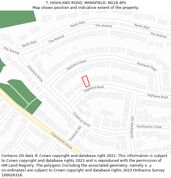 7, HIGHLAND ROAD, MANSFIELD, NG18 4PS: Location map and indicative extent of plot