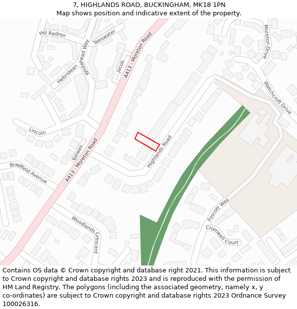 7, HIGHLANDS ROAD, BUCKINGHAM, MK18 1PN: Location map and indicative extent of plot