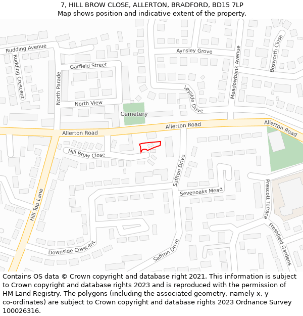 7, HILL BROW CLOSE, ALLERTON, BRADFORD, BD15 7LP: Location map and indicative extent of plot