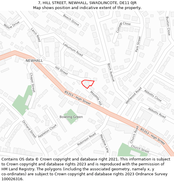 7, HILL STREET, NEWHALL, SWADLINCOTE, DE11 0JR: Location map and indicative extent of plot