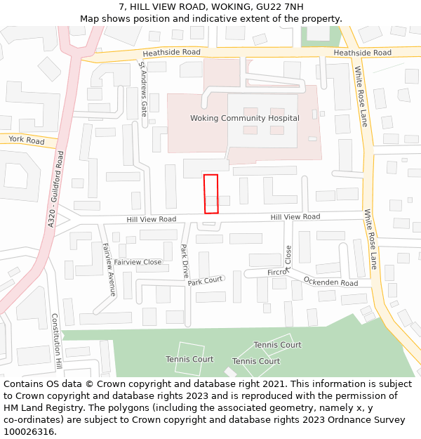 7, HILL VIEW ROAD, WOKING, GU22 7NH: Location map and indicative extent of plot