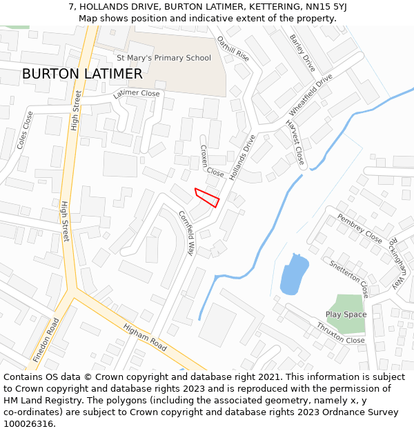 7, HOLLANDS DRIVE, BURTON LATIMER, KETTERING, NN15 5YJ: Location map and indicative extent of plot