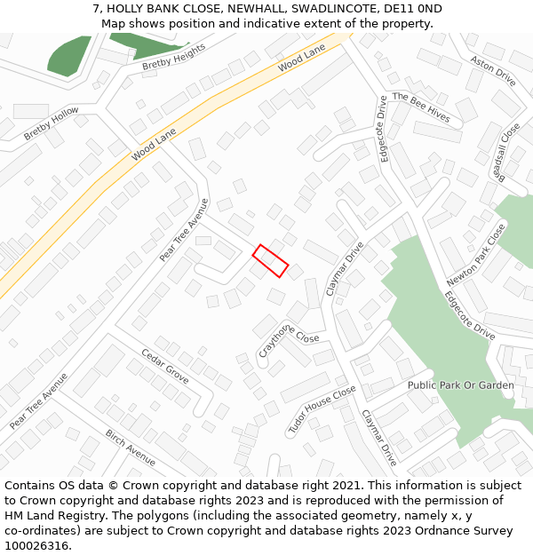 7, HOLLY BANK CLOSE, NEWHALL, SWADLINCOTE, DE11 0ND: Location map and indicative extent of plot