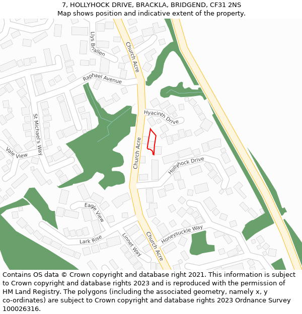 7, HOLLYHOCK DRIVE, BRACKLA, BRIDGEND, CF31 2NS: Location map and indicative extent of plot