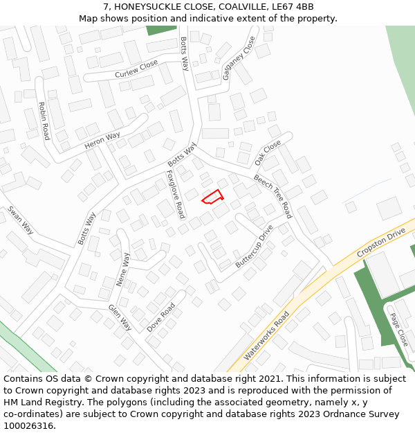 7, HONEYSUCKLE CLOSE, COALVILLE, LE67 4BB: Location map and indicative extent of plot