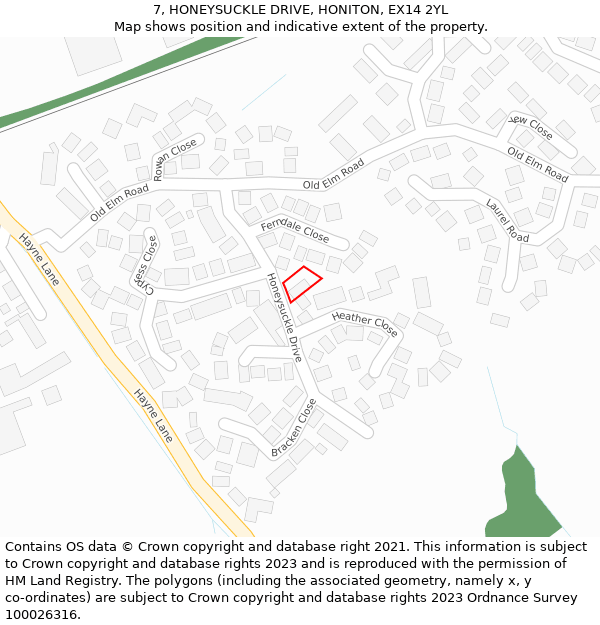 7, HONEYSUCKLE DRIVE, HONITON, EX14 2YL: Location map and indicative extent of plot