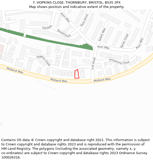 7, HOPKINS CLOSE, THORNBURY, BRISTOL, BS35 2PX: Location map and indicative extent of plot