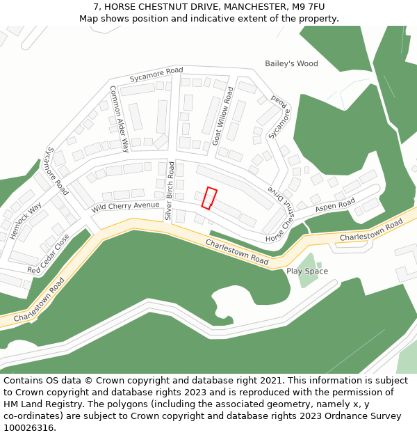 7, HORSE CHESTNUT DRIVE, MANCHESTER, M9 7FU: Location map and indicative extent of plot