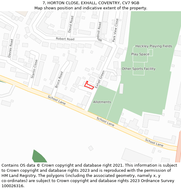 7, HORTON CLOSE, EXHALL, COVENTRY, CV7 9GB: Location map and indicative extent of plot