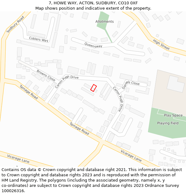 7, HOWE WAY, ACTON, SUDBURY, CO10 0XF: Location map and indicative extent of plot