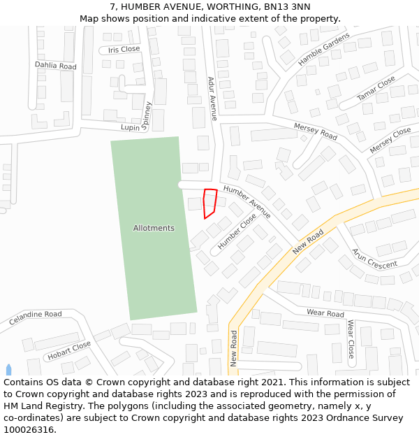 7, HUMBER AVENUE, WORTHING, BN13 3NN: Location map and indicative extent of plot
