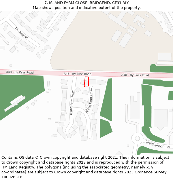 7, ISLAND FARM CLOSE, BRIDGEND, CF31 3LY: Location map and indicative extent of plot