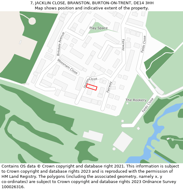 7, JACKLIN CLOSE, BRANSTON, BURTON-ON-TRENT, DE14 3HH: Location map and indicative extent of plot