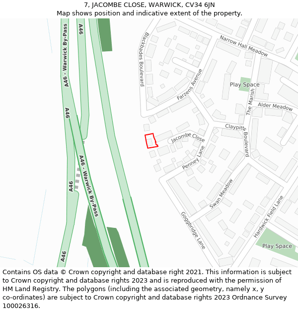 7, JACOMBE CLOSE, WARWICK, CV34 6JN: Location map and indicative extent of plot