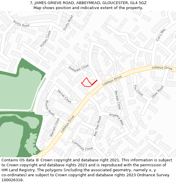 7, JAMES GRIEVE ROAD, ABBEYMEAD, GLOUCESTER, GL4 5GZ: Location map and indicative extent of plot