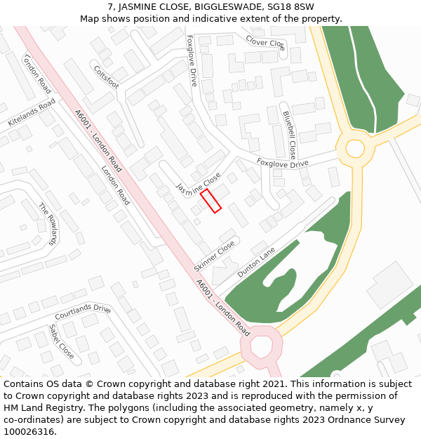 7, JASMINE CLOSE, BIGGLESWADE, SG18 8SW: Location map and indicative extent of plot