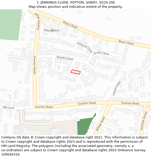 7, JENNINGS CLOSE, POTTON, SANDY, SG19 2SE: Location map and indicative extent of plot