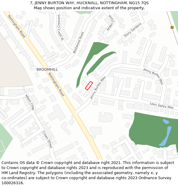 7, JENNY BURTON WAY, HUCKNALL, NOTTINGHAM, NG15 7QS: Location map and indicative extent of plot