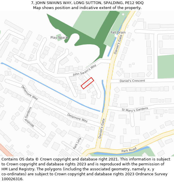 7, JOHN SWAINS WAY, LONG SUTTON, SPALDING, PE12 9DQ: Location map and indicative extent of plot