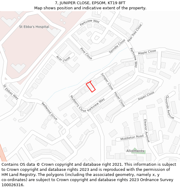 7, JUNIPER CLOSE, EPSOM, KT19 8FT: Location map and indicative extent of plot
