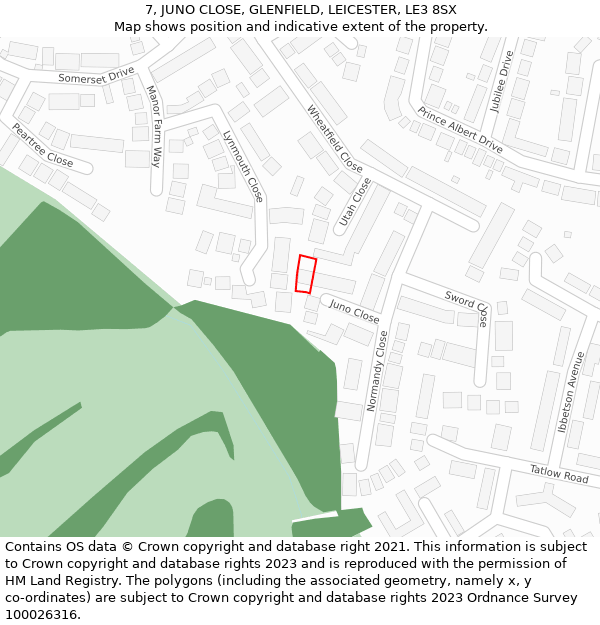 7, JUNO CLOSE, GLENFIELD, LEICESTER, LE3 8SX: Location map and indicative extent of plot