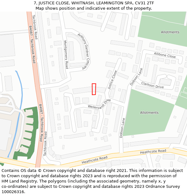 7, JUSTICE CLOSE, WHITNASH, LEAMINGTON SPA, CV31 2TF: Location map and indicative extent of plot