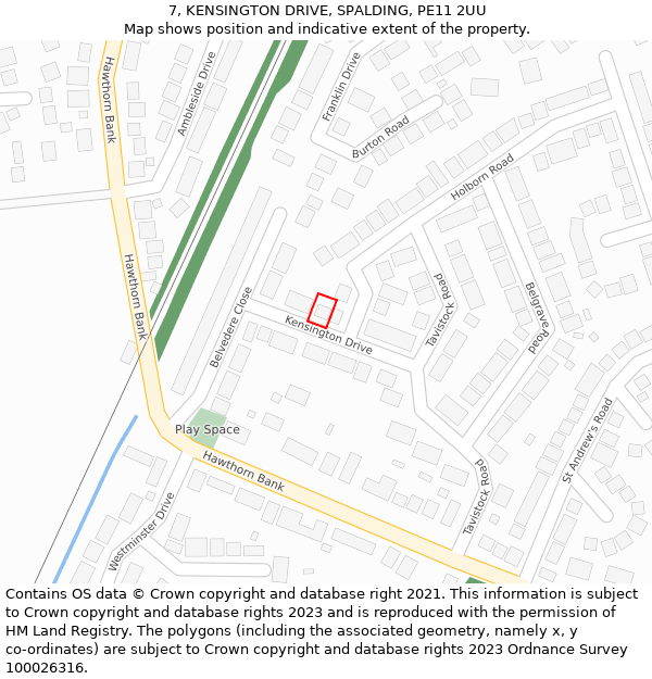 7, KENSINGTON DRIVE, SPALDING, PE11 2UU: Location map and indicative extent of plot