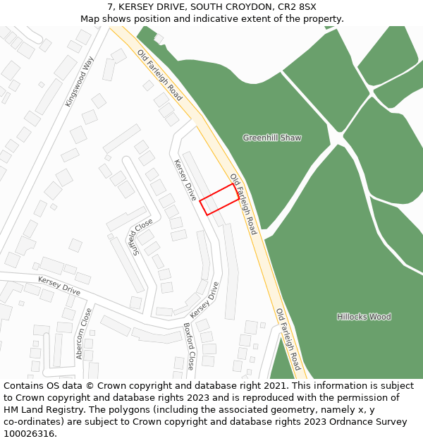 7, KERSEY DRIVE, SOUTH CROYDON, CR2 8SX: Location map and indicative extent of plot