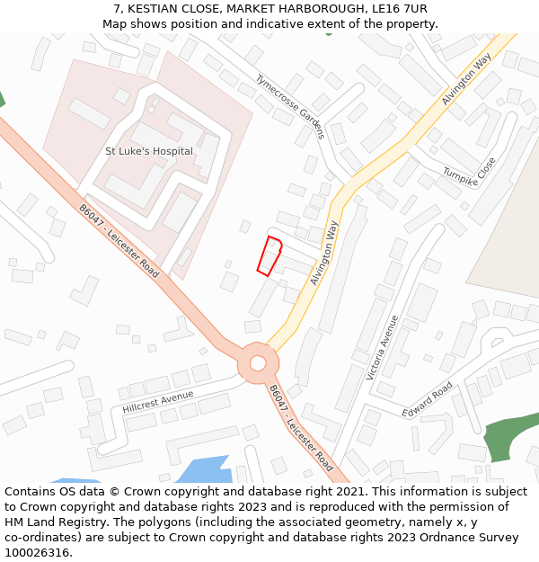 7, KESTIAN CLOSE, MARKET HARBOROUGH, LE16 7UR: Location map and indicative extent of plot