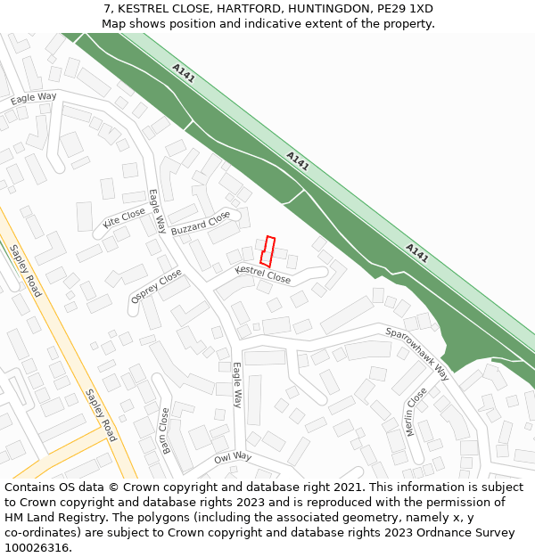 7, KESTREL CLOSE, HARTFORD, HUNTINGDON, PE29 1XD: Location map and indicative extent of plot