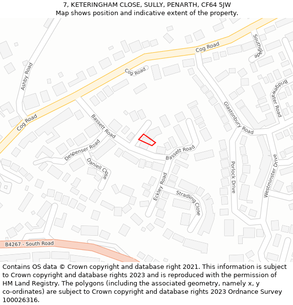 7, KETERINGHAM CLOSE, SULLY, PENARTH, CF64 5JW: Location map and indicative extent of plot