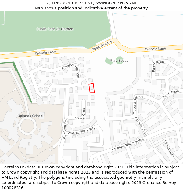 7, KINGDOM CRESCENT, SWINDON, SN25 2NF: Location map and indicative extent of plot