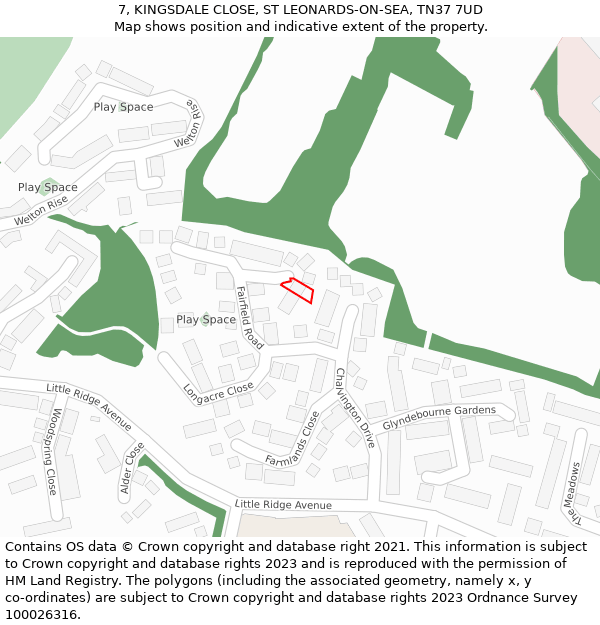 7, KINGSDALE CLOSE, ST LEONARDS-ON-SEA, TN37 7UD: Location map and indicative extent of plot