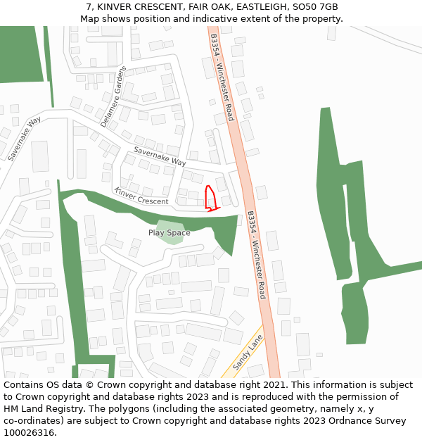 7, KINVER CRESCENT, FAIR OAK, EASTLEIGH, SO50 7GB: Location map and indicative extent of plot