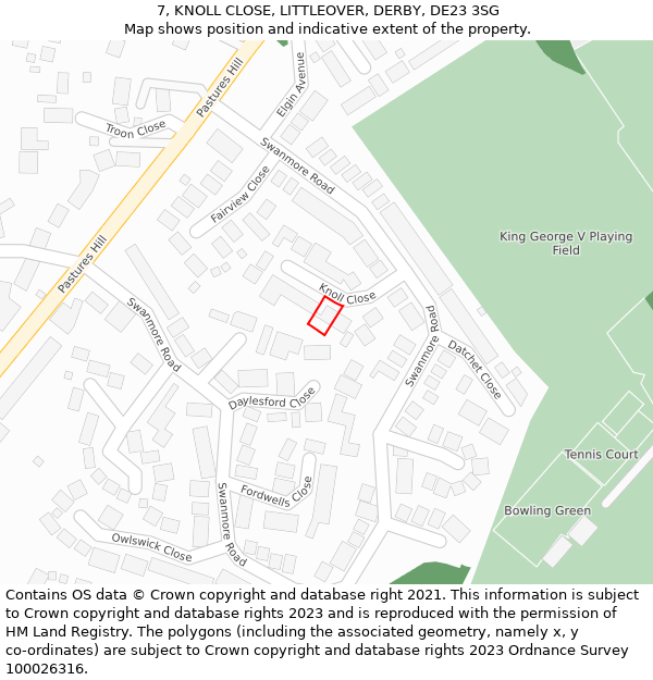 7, KNOLL CLOSE, LITTLEOVER, DERBY, DE23 3SG: Location map and indicative extent of plot