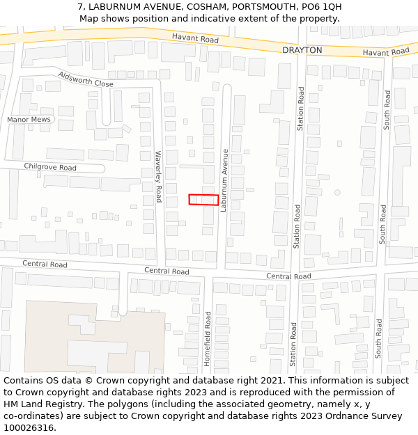 7, LABURNUM AVENUE, COSHAM, PORTSMOUTH, PO6 1QH: Location map and indicative extent of plot