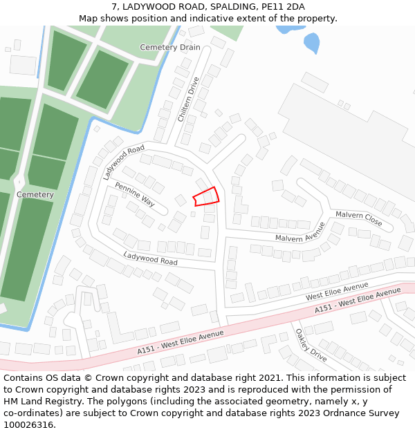 7, LADYWOOD ROAD, SPALDING, PE11 2DA: Location map and indicative extent of plot