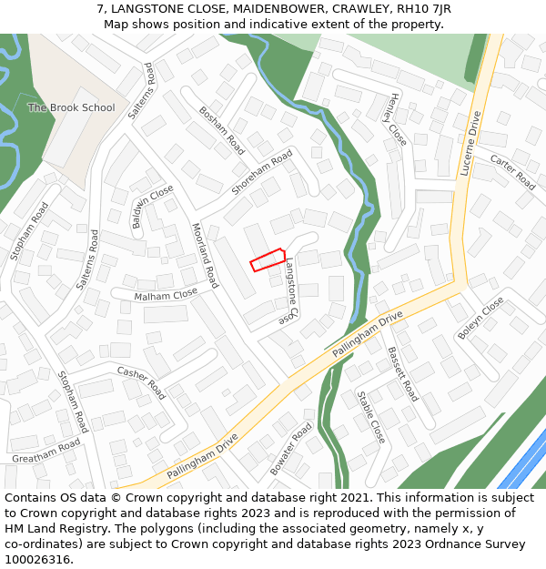 7, LANGSTONE CLOSE, MAIDENBOWER, CRAWLEY, RH10 7JR: Location map and indicative extent of plot