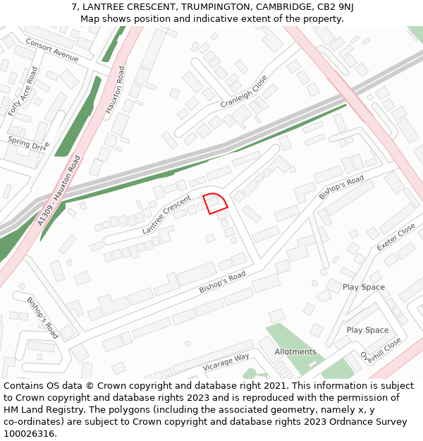 7, LANTREE CRESCENT, TRUMPINGTON, CAMBRIDGE, CB2 9NJ: Location map and indicative extent of plot