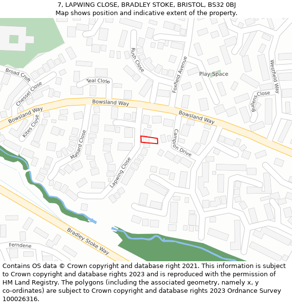 7, LAPWING CLOSE, BRADLEY STOKE, BRISTOL, BS32 0BJ: Location map and indicative extent of plot