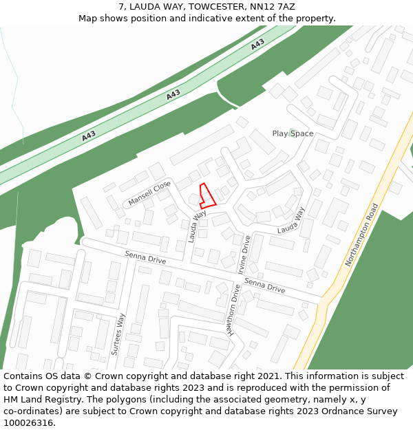 7, LAUDA WAY, TOWCESTER, NN12 7AZ: Location map and indicative extent of plot